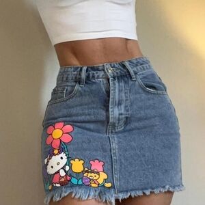 Hello Kitty Denim Mini Skirt Jean, XS Sanario Y2K Style Coquette Frayed